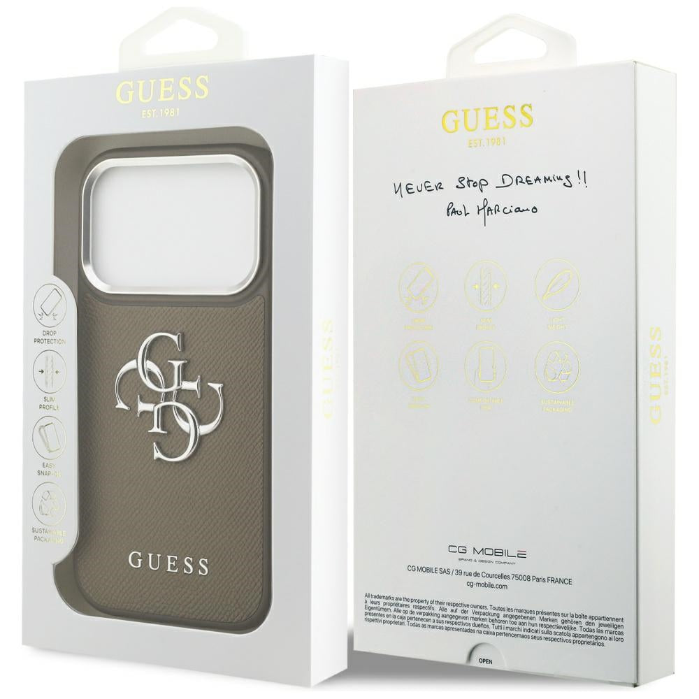 Etui til Apple iPhone 17 Pro, Guess, 4G Grained Big And Classic Logo, Brun Sølvfarvet