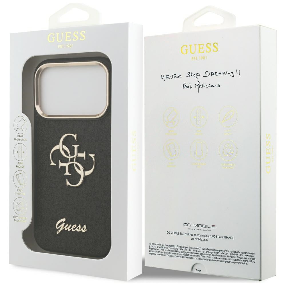 Etui til Apple iPhone 17 Pro, Guess, Fixed Glitter Big 4G Metal Frame, Sort