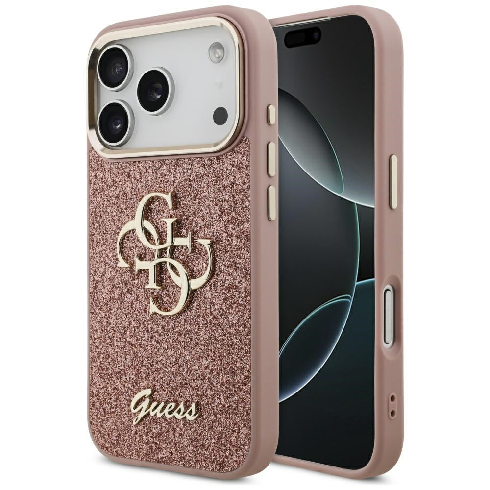 Etui til Apple iPhone 17 Pro, Guess, Fixed Glitter Big 4G Metal Frame, Pink