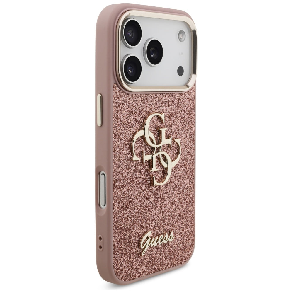 Etui til Apple iPhone 17 Pro, Guess, Fixed Glitter Big 4G Metal Frame, Pink