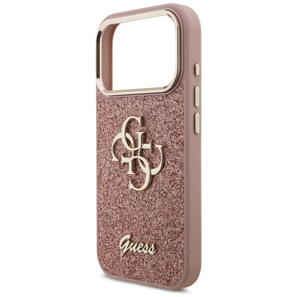 Etui til Apple iPhone 17 Pro, Guess, Fixed Glitter Big 4G Metal Frame, Pink