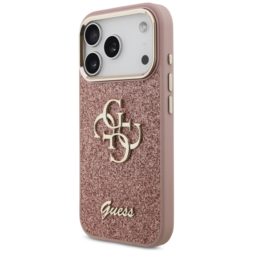 Etui til Apple iPhone 17 Pro, Guess, Fixed Glitter Big 4G Metal Frame, Pink