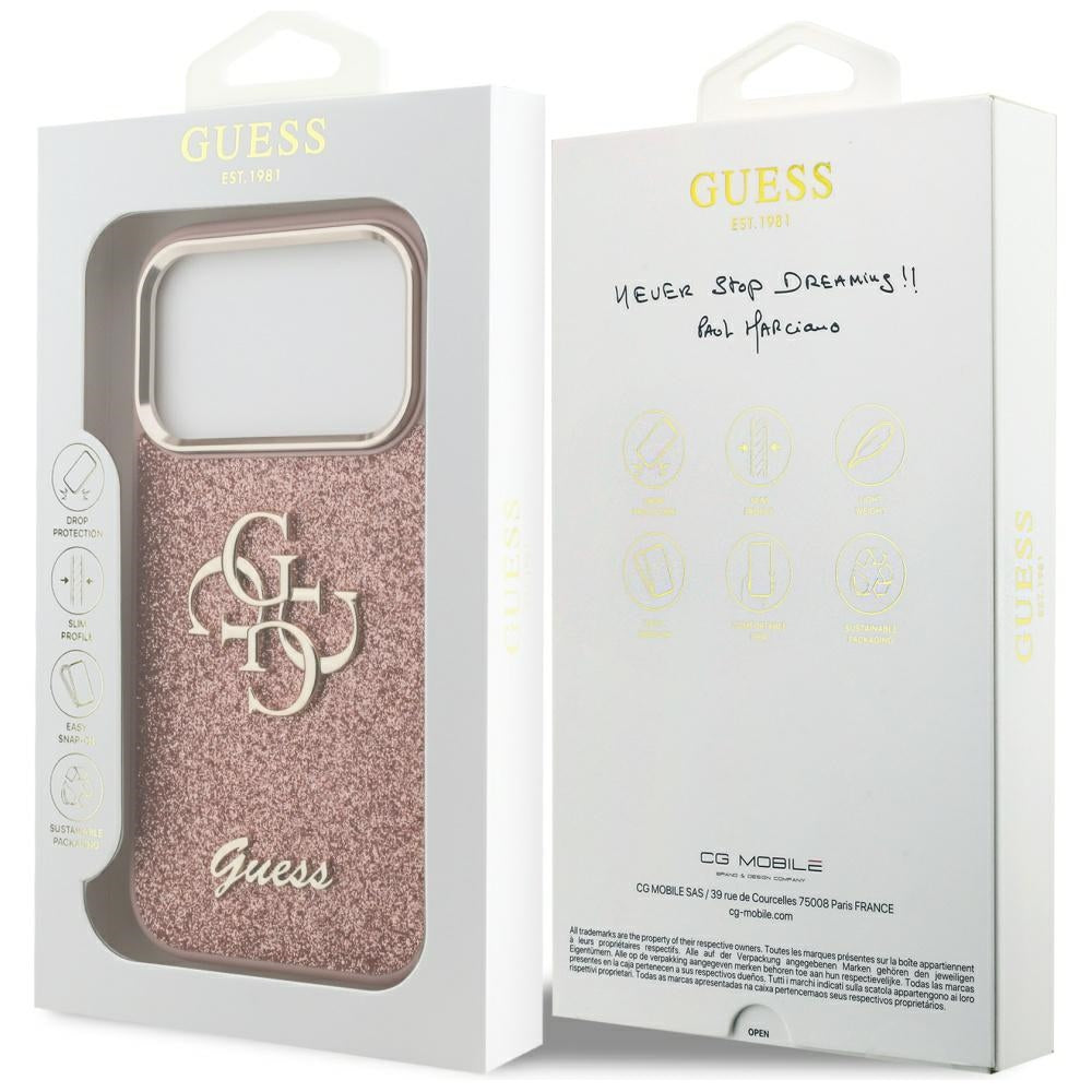 Etui til Apple iPhone 17 Pro, Guess, Fixed Glitter Big 4G Metal Frame, Pink