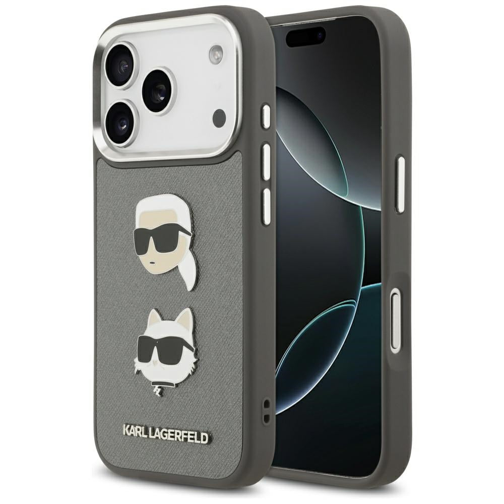 Etui til Apple iPhone 17 Pro, Karl Lagerfeld, Grained Karl & Choupette's Heads Pins and Logo, Grå
