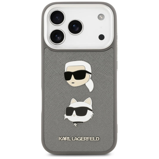 Case for Apple iPhone 17 Pro, Karl Lagerfeld, Grained Karl & Choupette's Heads Pins and Logo, Grey
