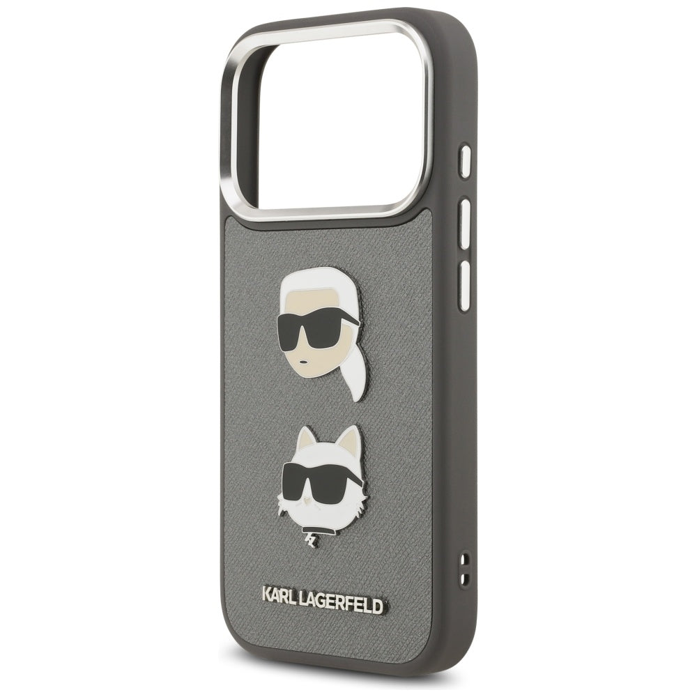 Etui til Apple iPhone 17 Pro, Karl Lagerfeld, Grained Karl & Choupette's Heads Pins and Logo, Grå