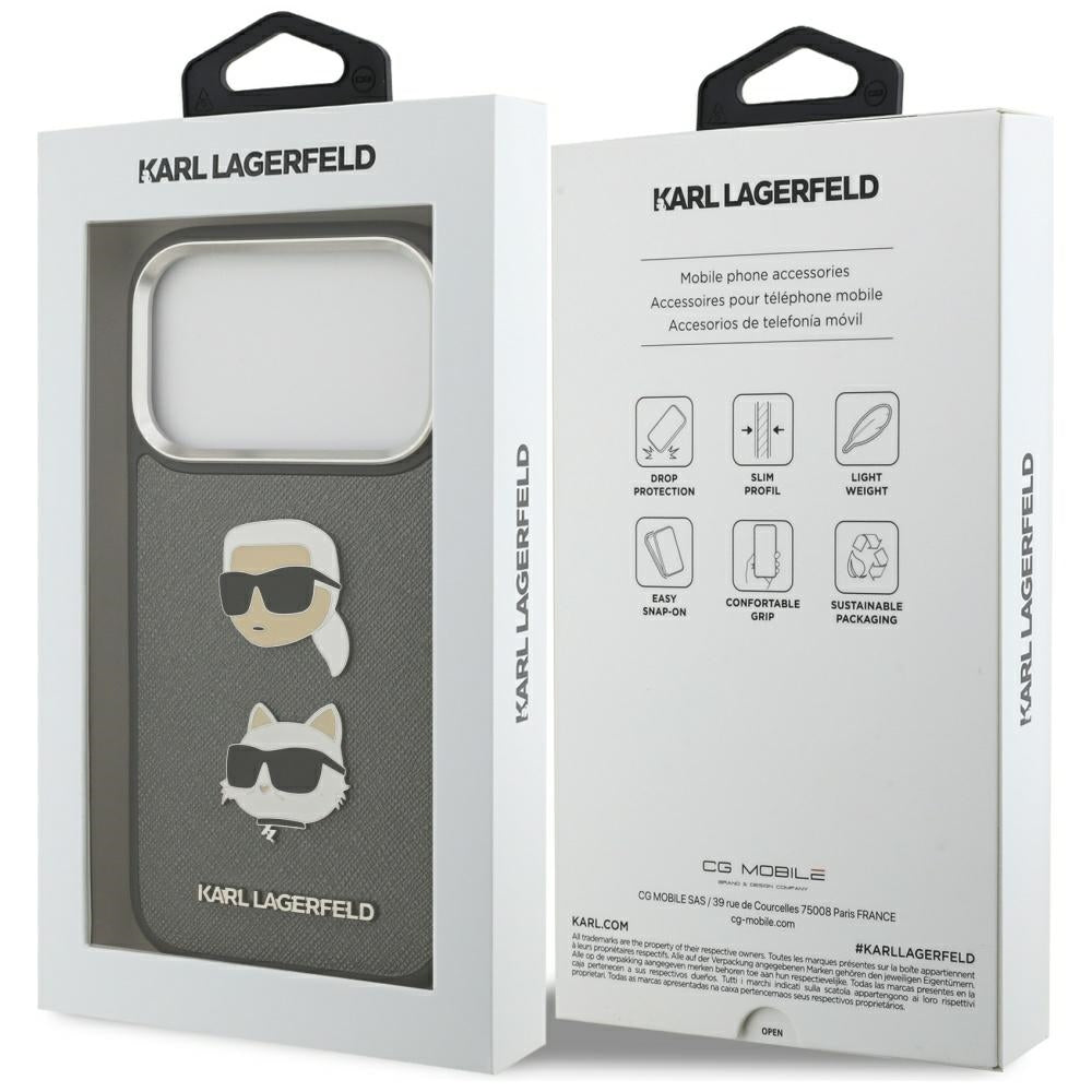 Etui til Apple iPhone 17 Pro, Karl Lagerfeld, Grained Karl & Choupette's Heads Pins and Logo, Grå