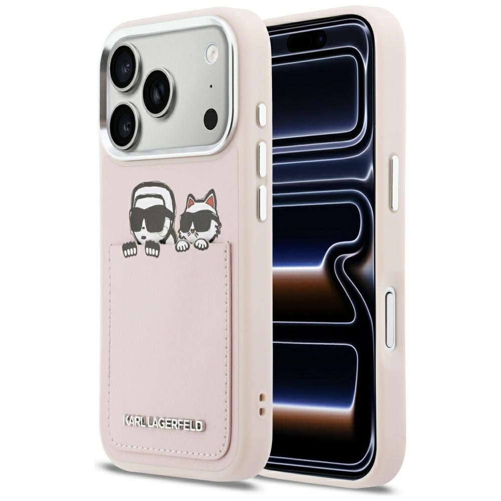 Etui til Apple iPhone 17 Pro, Karl Lagerfeld, Karl & Choupette Print med lomme, Pink