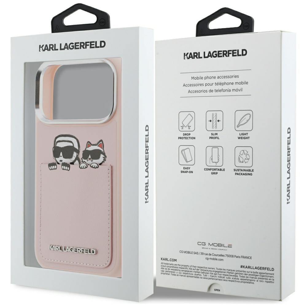 Etui til Apple iPhone 17 Pro, Karl Lagerfeld, Karl & Choupette Print med lomme, Pink