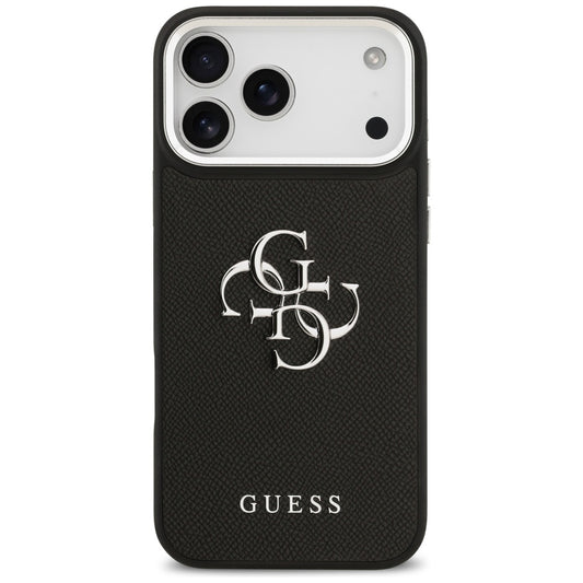 Etui til Apple iPhone 17 Pro Max, Guess, 4G Grained Big and Classic Logo, Sort Sølvfarvet
