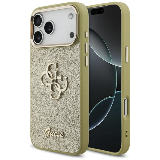 Etui til Apple iPhone 17 Pro Max, Guess, Fixed Glitter Big 4G Metal Frame, Gylden