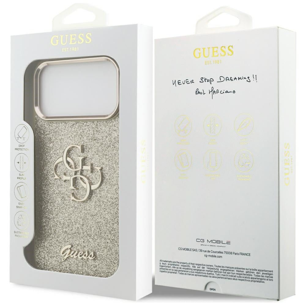 Etui til Apple iPhone 17 Pro Max, Guess, Fixed Glitter Big 4G Metal Frame, Gylden