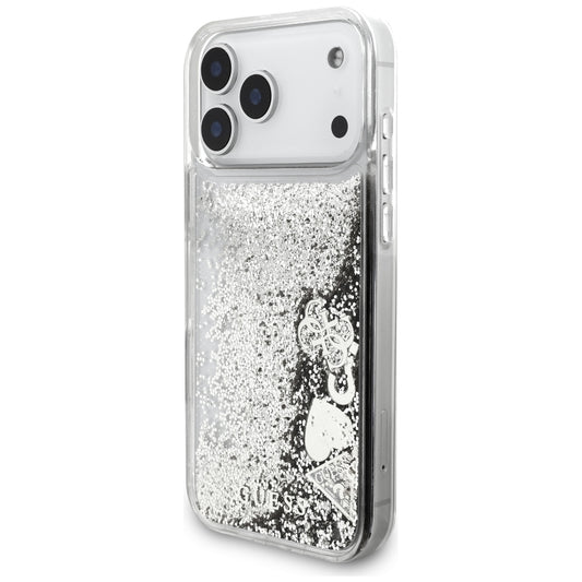 Cover til Apple iPhone 18 Pro / 17 Pro, Guess, Liquid Glitter Charms, sølvfarvet