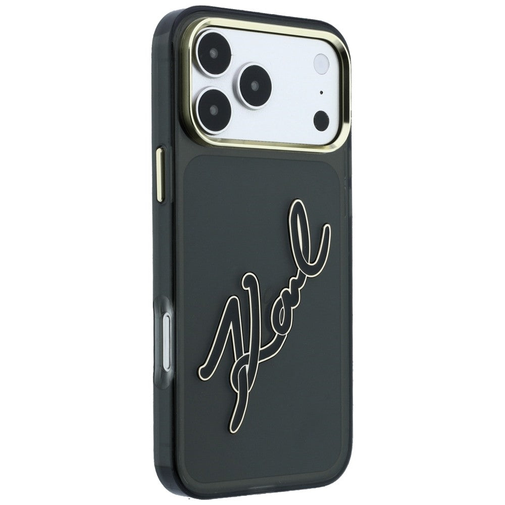 Cover til Apple iPhone 18 Pro / 17 Pro, Karl Lagerfeld, IML Big Signature Resin Logo og Metalramme, Sort