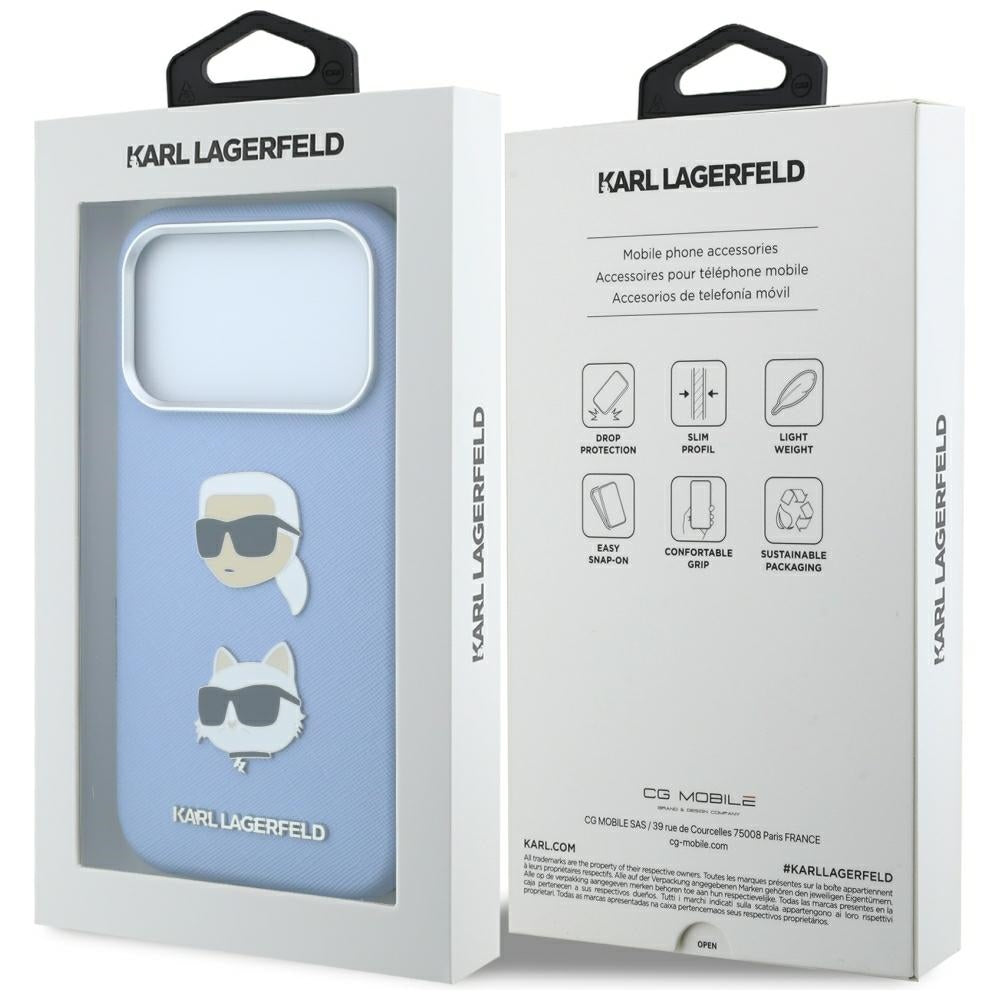 Case for Apple iPhone 18 Pro / 17 Pro, Karl Lagerfeld, Saffiano with Karl & Choupette Head's Pin and Logo, Blue