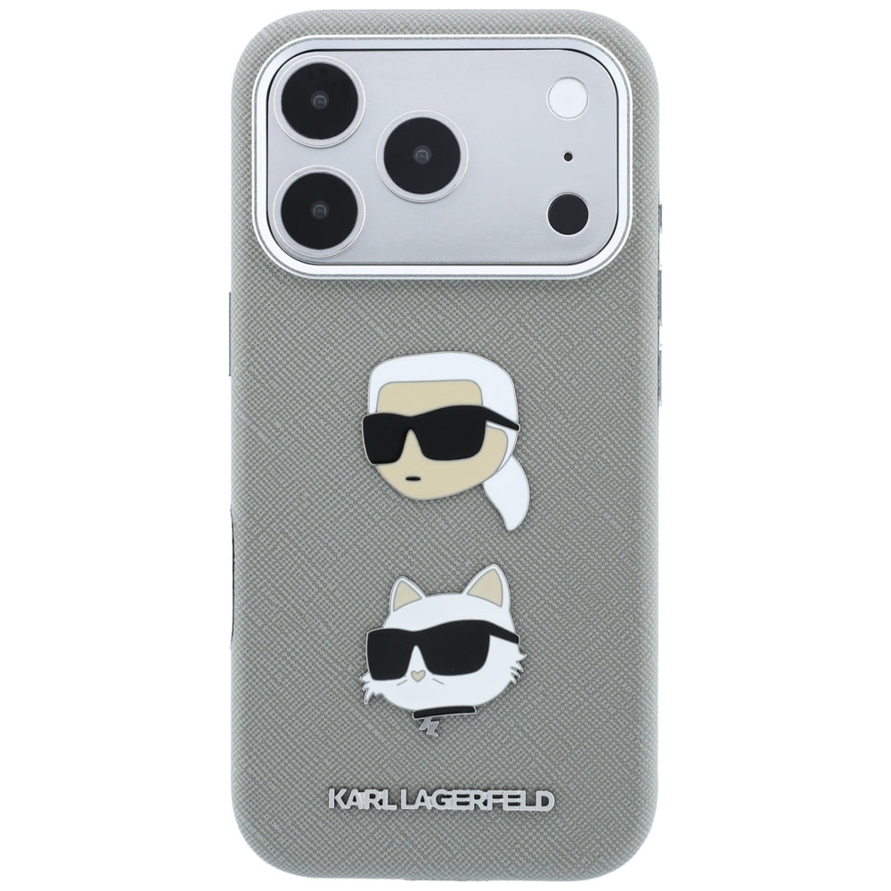 Etui til Apple iPhone 18 Pro / 17 Pro, Karl Lagerfeld, Saffiano med Karl & Choupette-hovednål og logo, grå