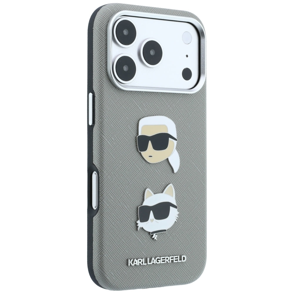 Etui til Apple iPhone 18 Pro / 17 Pro, Karl Lagerfeld, Saffiano med Karl & Choupette-hovednål og logo, grå
