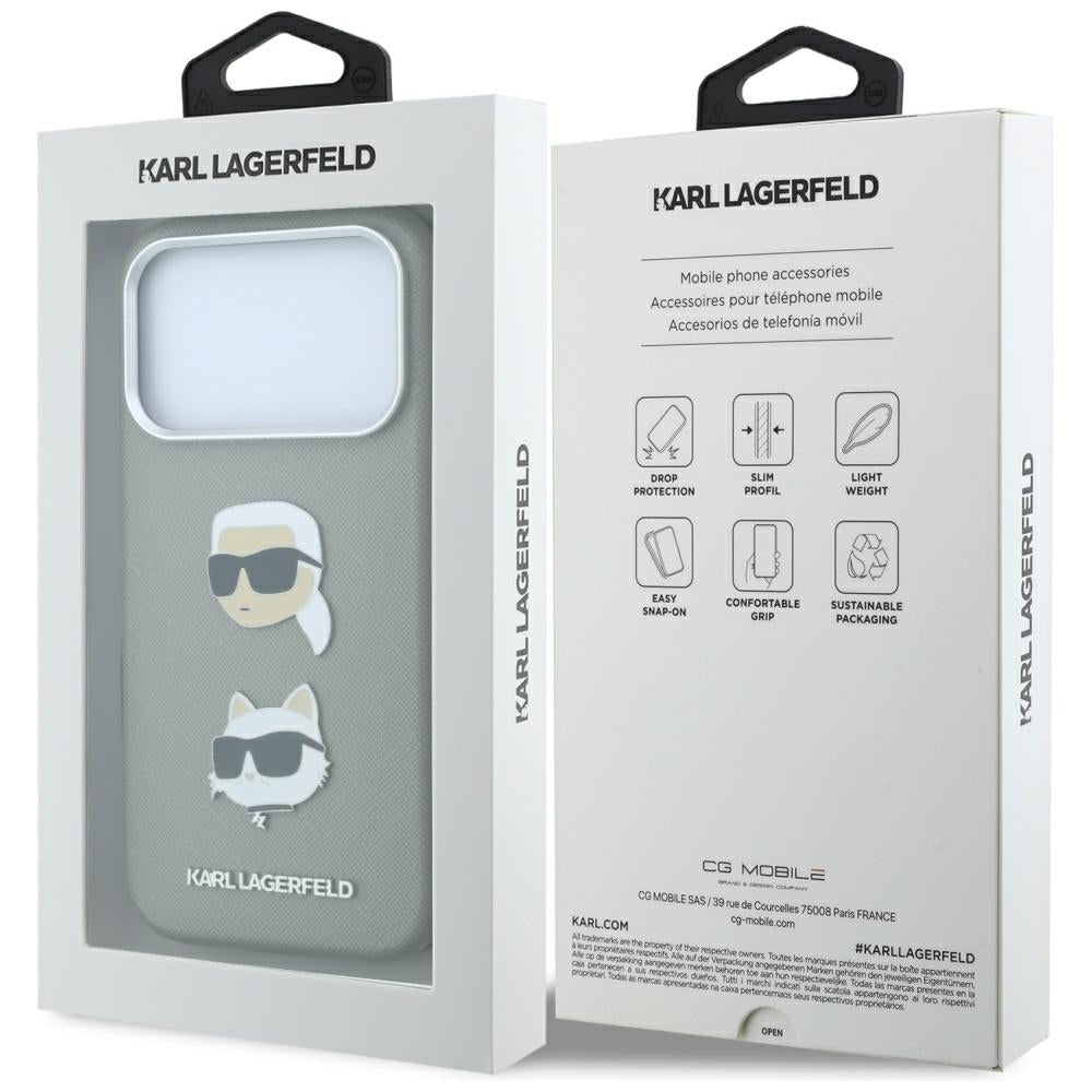 Etui til Apple iPhone 18 Pro / 17 Pro, Karl Lagerfeld, Saffiano med Karl & Choupette-hovednål og logo, grå