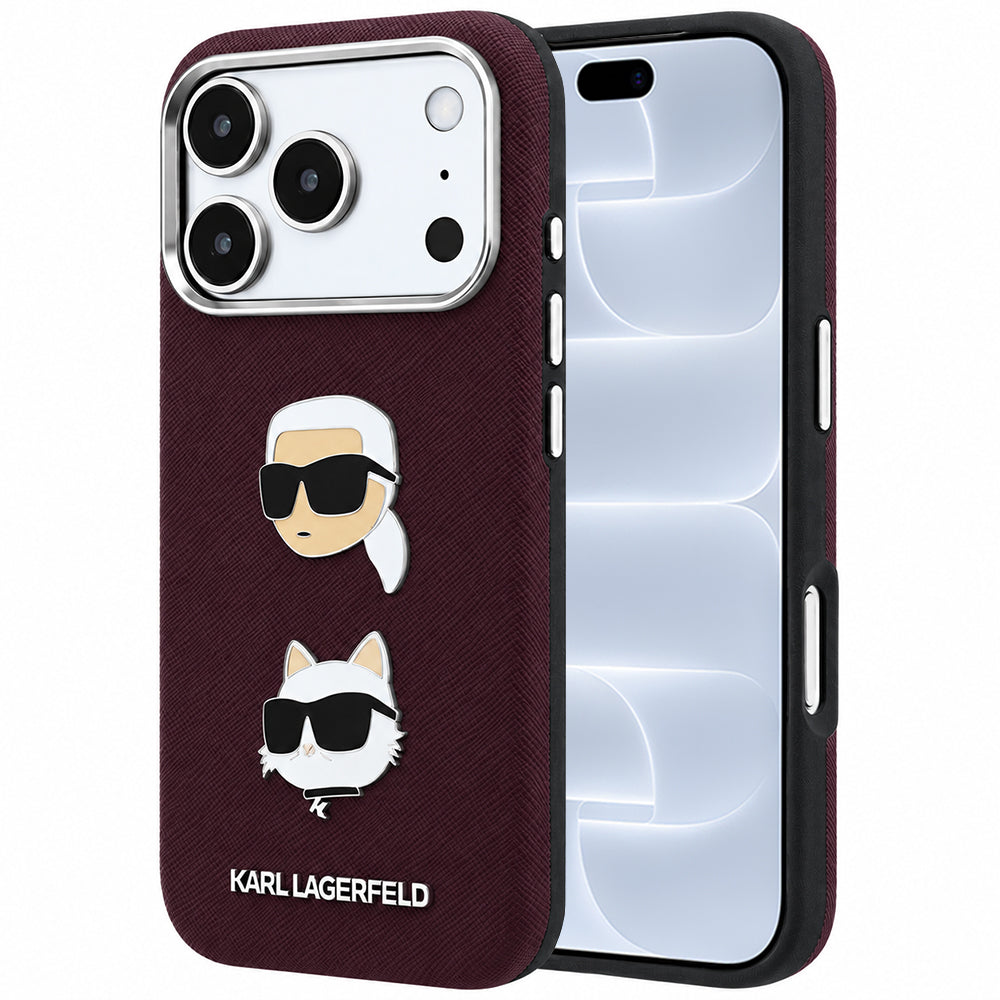 Cover til Apple iPhone 18 Pro / 17 Pro, Karl Lagerfeld, Saffiano med Karl & Choupette Hoved-pin og Logo, Vinrød