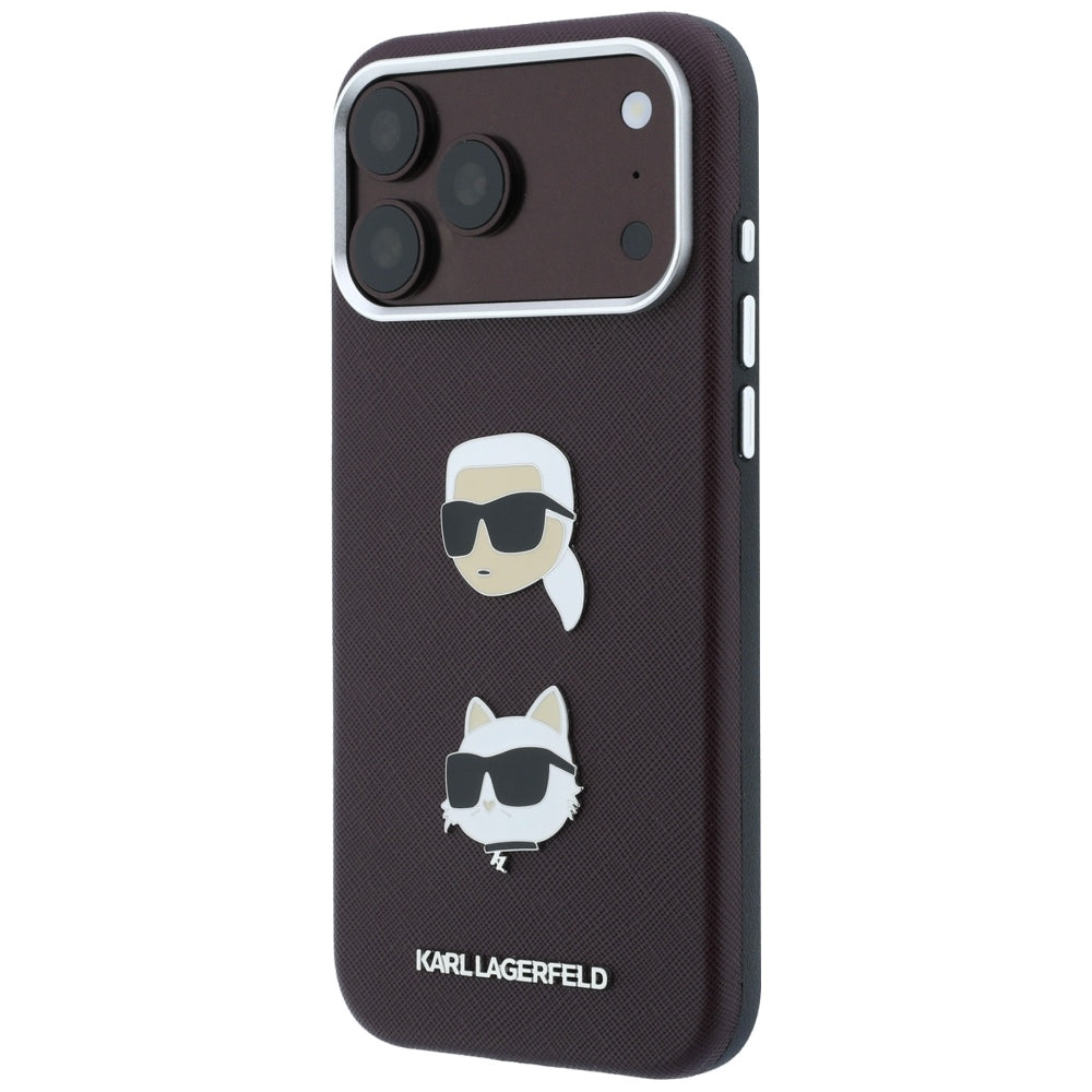 Cover til Apple iPhone 18 Pro / 17 Pro, Karl Lagerfeld, Saffiano med Karl & Choupette Hoved-pin og Logo, Vinrød