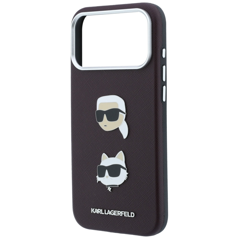Cover til Apple iPhone 18 Pro / 17 Pro, Karl Lagerfeld, Saffiano med Karl & Choupette Hoved-pin og Logo, Vinrød