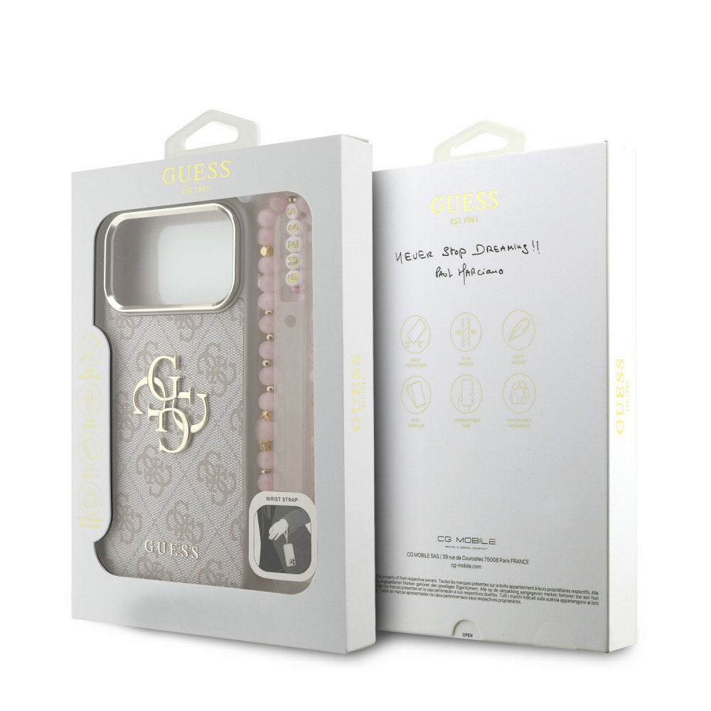 Cover til Apple iPhone 18 Pro Max / 17 Pro Max, Guess, 4G Classic Logo med rem, Lyserød Guld