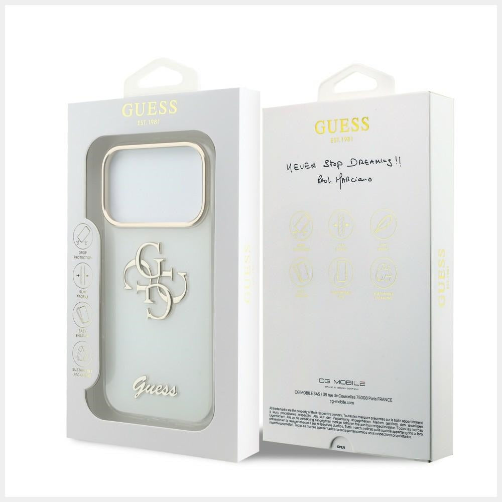 Cover til Apple iPhone 18 Pro Max / 17 Pro Max, Guess, IML 4G Metal Script, Hvid