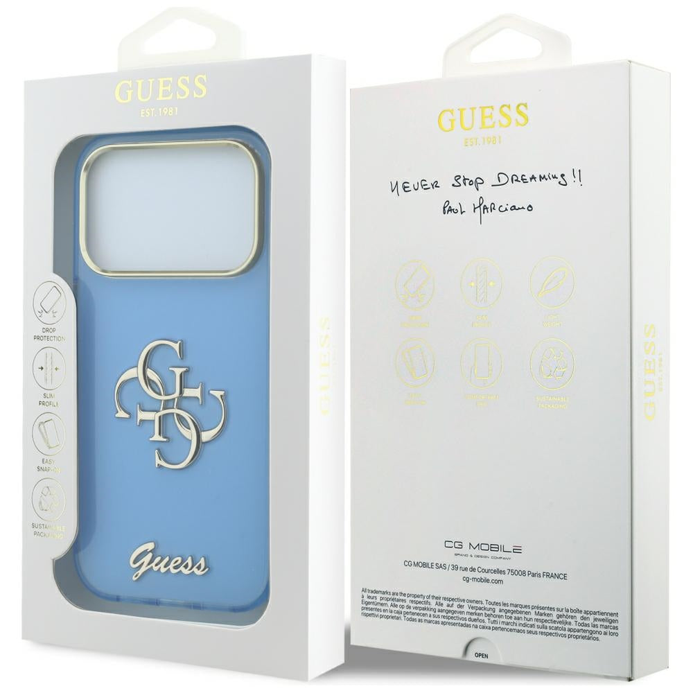 Cover til Apple iPhone 18 Pro Max / 17 Pro Max, Guess, IML 4G Metal Script, Blå
