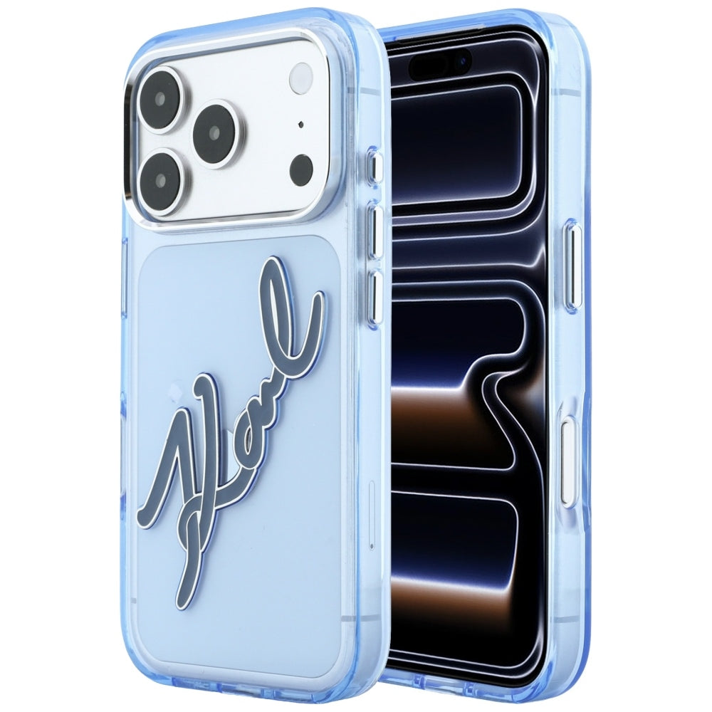 Cover til Apple iPhone 18 Pro Max / 17 Pro Max, Karl Lagerfeld, IML Big Signature Resin Logo Metal Frame, Blå