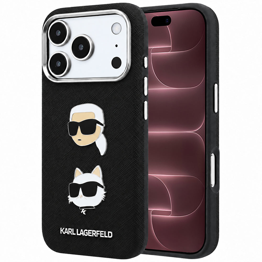 Cover til Apple iPhone 18 Pro Max / 17 Pro Max, Karl Lagerfeld, Saffiano med Karl & Choupette Hoved-pin og Logo, Sort