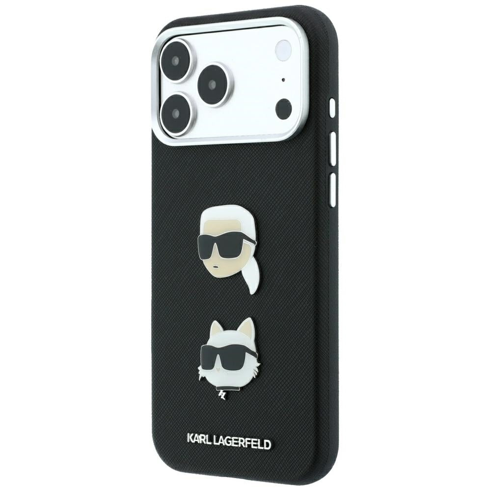 Cover til Apple iPhone 18 Pro Max / 17 Pro Max, Karl Lagerfeld, Saffiano med Karl & Choupette Hoved-pin og Logo, Sort