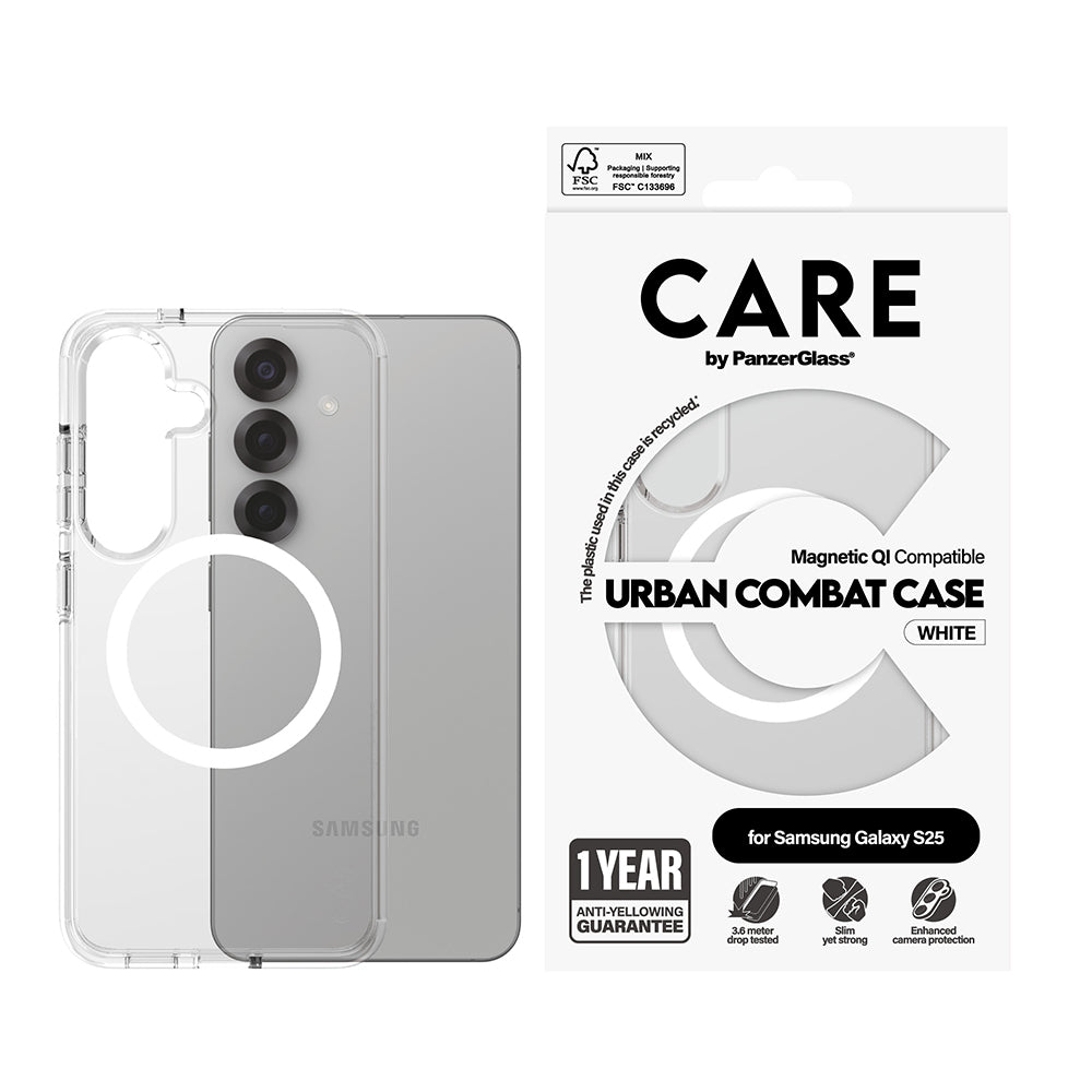 Etui til Samsung Galaxy S25 S931, PanzerGlass, Urban Combat Care, Hvid Transparent