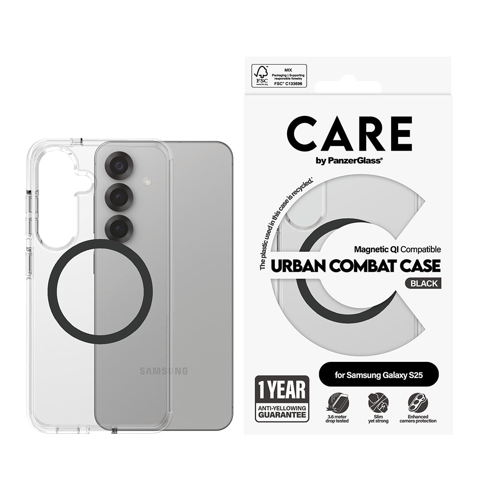 Etui til Samsung Galaxy S25 S931, PanzerGlass, Care Urban Combat, Sort Transparent