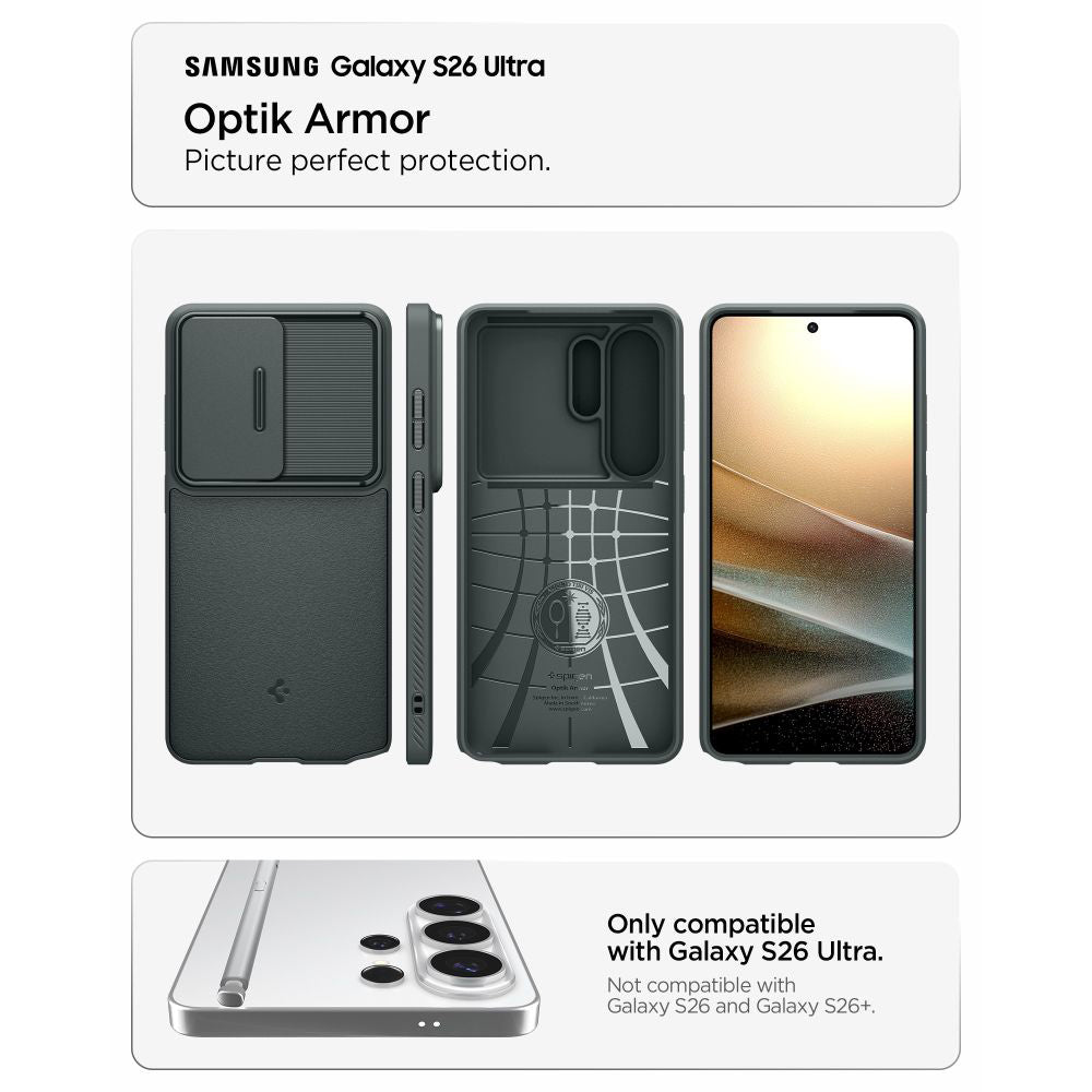 Etui til Samsung Galaxy S26 Ultra S948, Spigen, Optik Armor, Grøn ACS10688