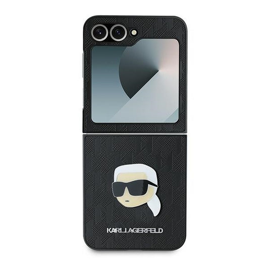 Etui til Samsung Galaxy Z Flip7 FE F761 / Z Flip6 F741, Karl Lagerfeld, Saffiano Monogram Karl's Head Metal, Sort