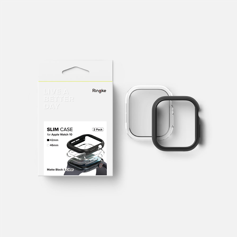 Ringke Slim-etui til Apple Watch Series 10 / 11 46mm, sæt med 2 stk., Mat sort / Transparent