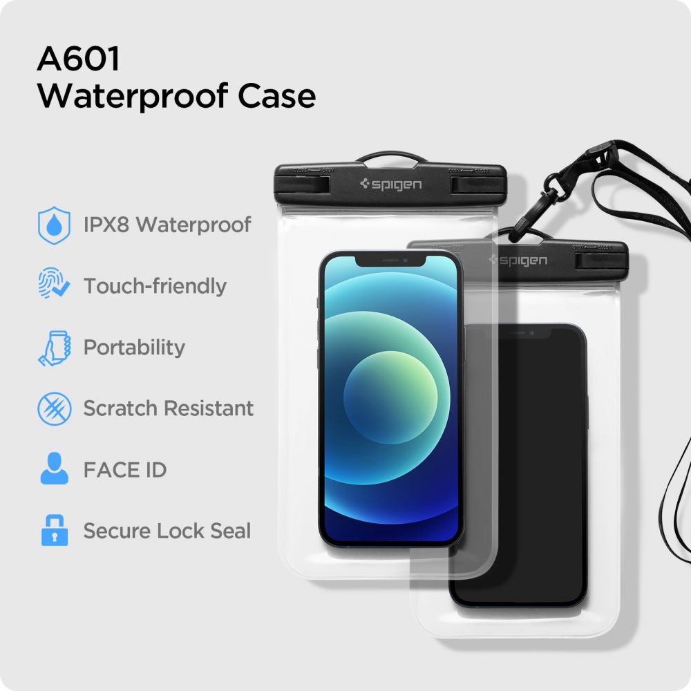 Universal Vandtæt Telefoncover til Telefoner max. 3.5inch - 7inch, Spigen, A601, Sæt med 2 stykker, Gennemsigtig AMP03098