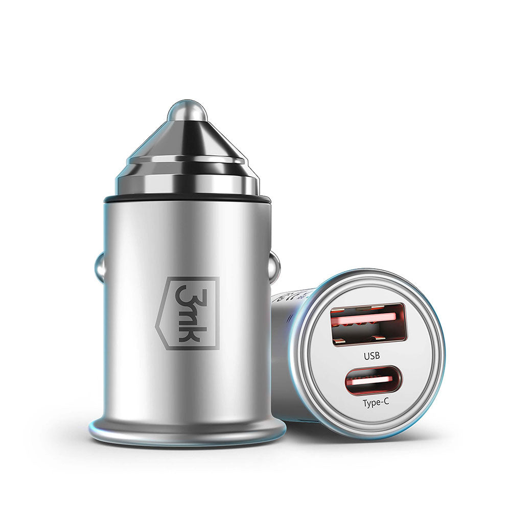 Biloplader 3MK Hyper, 45W, 3A, 1 x USB-A - 1 x USB-C, Sølv