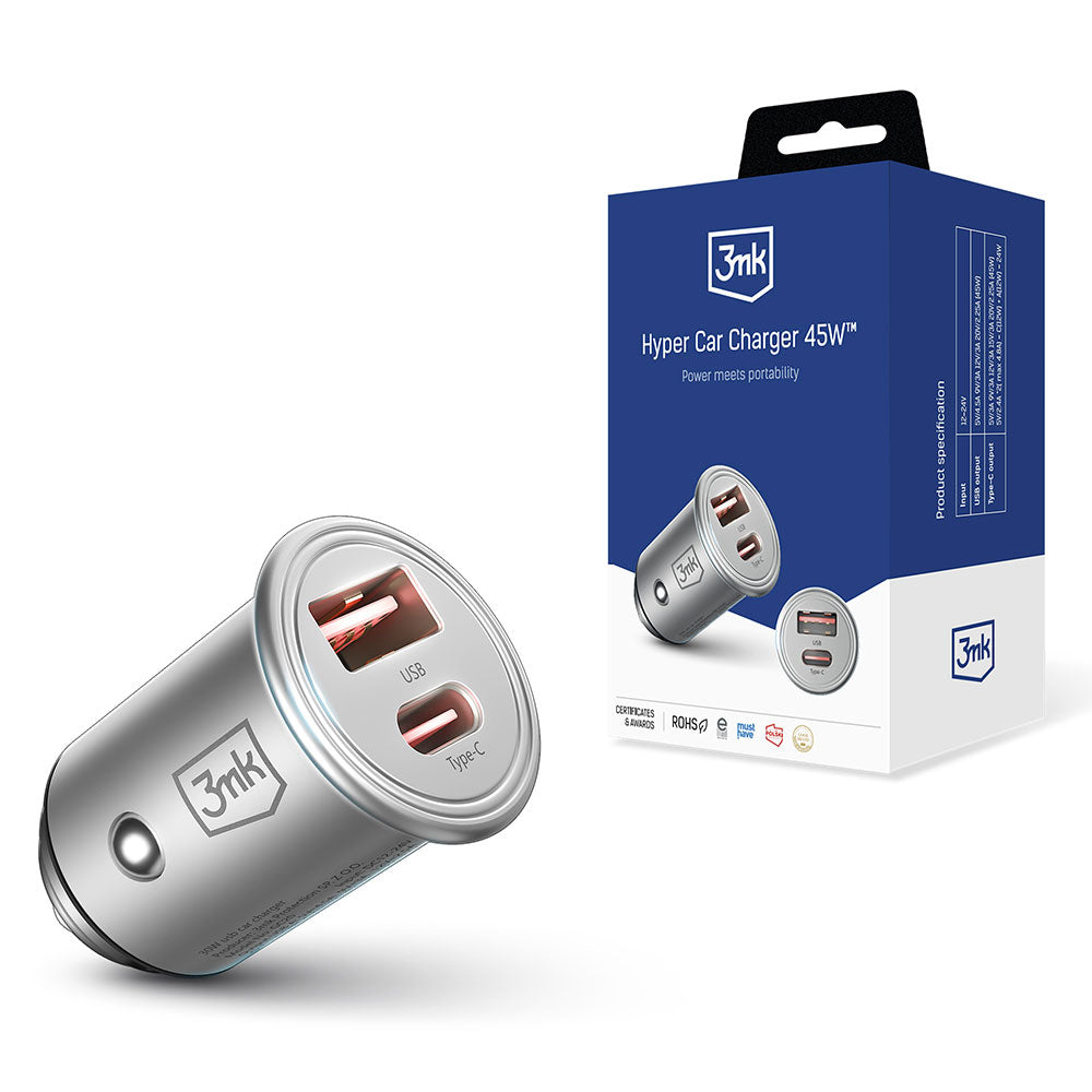 Biloplader 3MK Hyper, 45W, 3A, 1 x USB-A - 1 x USB-C, Sølv