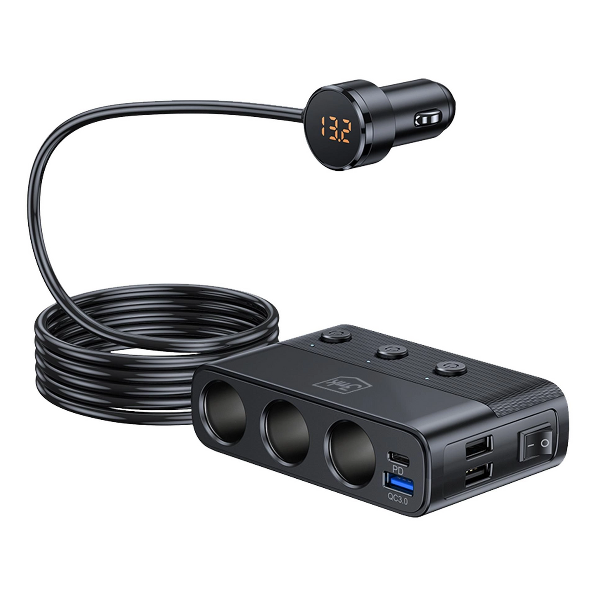 Biloplader 3MK Power Splitter, 120W, 3A, 3 x USB-A - 1 x USB-C - 3 x Cigarettænderforlængelse, Sort