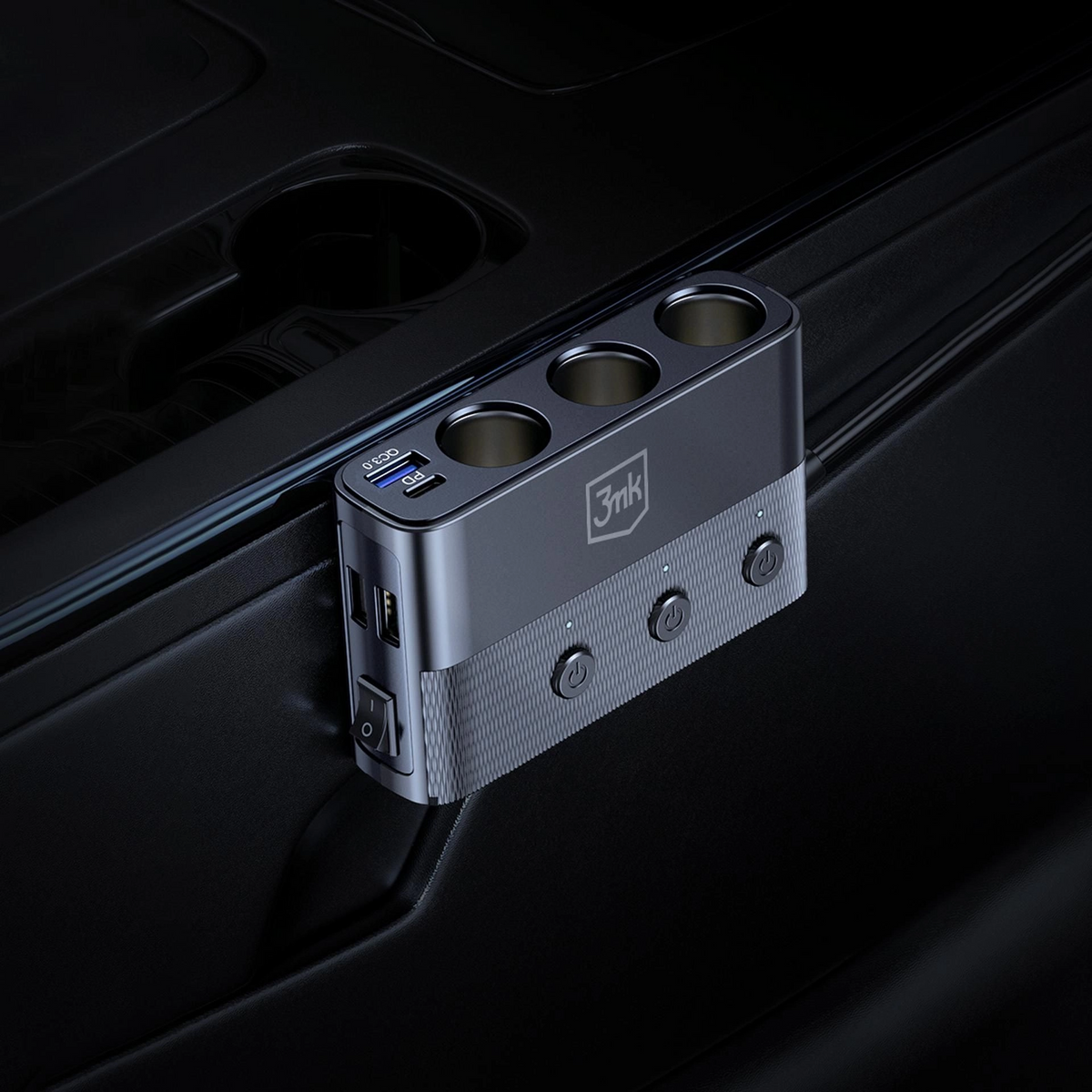 Biloplader 3MK Power Splitter, 120W, 3A, 3 x USB-A - 1 x USB-C - 3 x Cigarettænderforlængelse, Sort