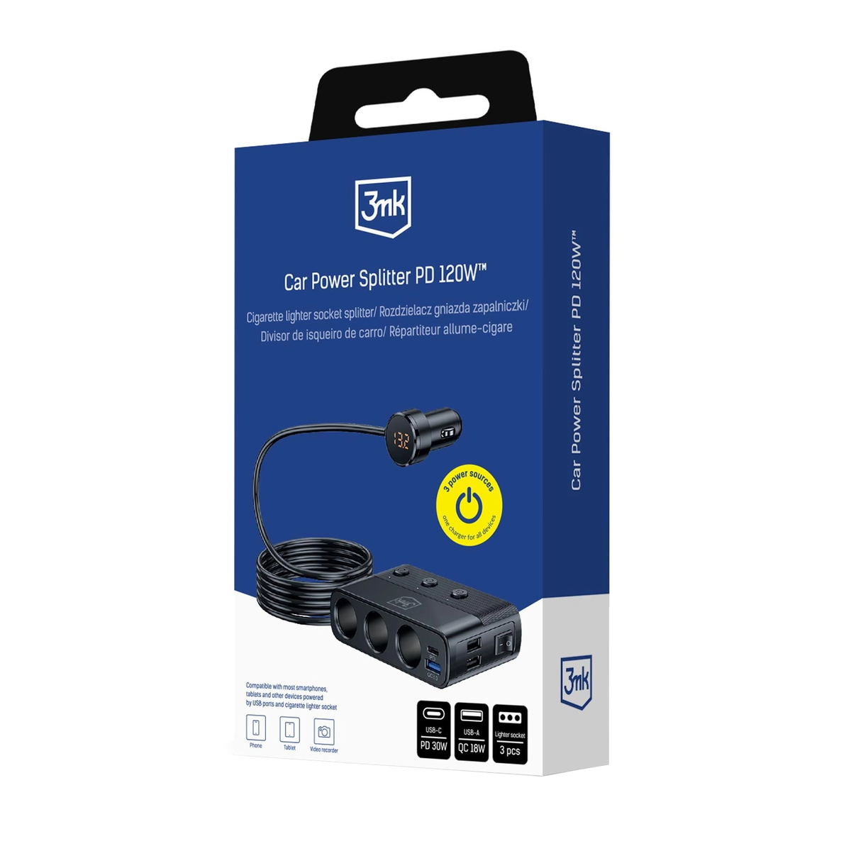 Biloplader 3MK Power Splitter, 120W, 3A, 3 x USB-A - 1 x USB-C - 3 x Cigarettænderforlængelse, Sort