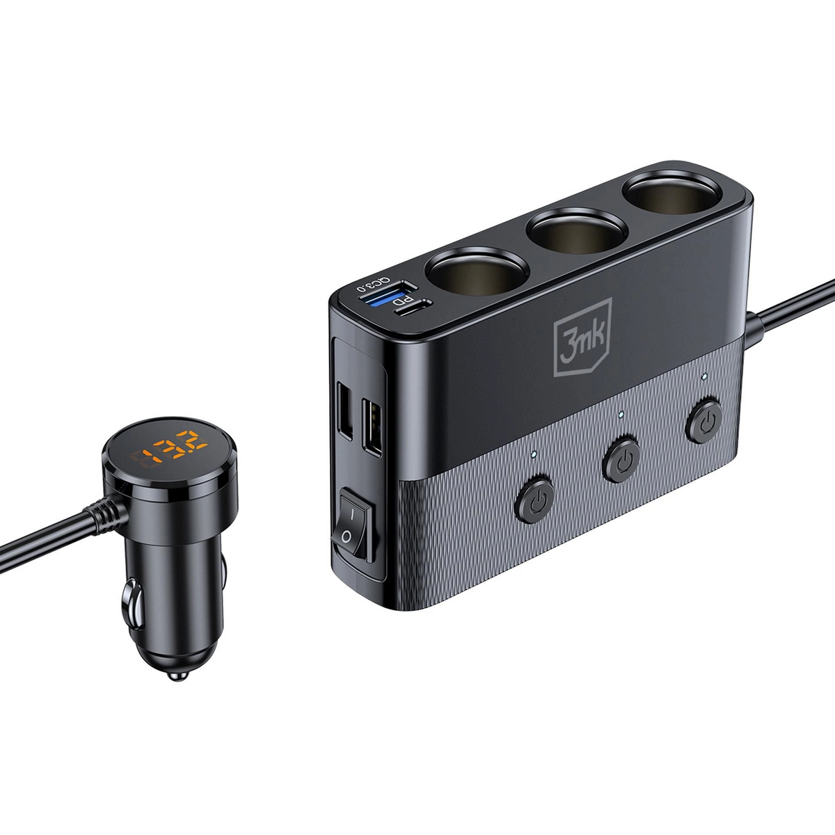Biloplader 3MK Power Splitter, 120W, 3A, 3 x USB-A - 1 x USB-C - 3 x Cigarettænderforlængelse, Sort