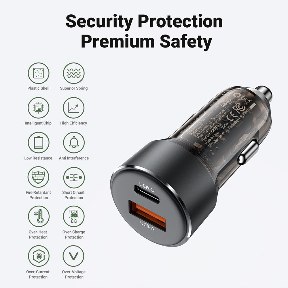 Biloplader Acefast B12, 60W, 3A, 1 x USB-A - 1 x USB-C, Sort