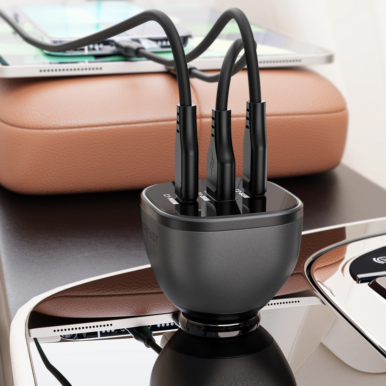 Acefast B14 Biloplader, 165W, 5A, 1 x USB-A - 2 x USB-C, Sort