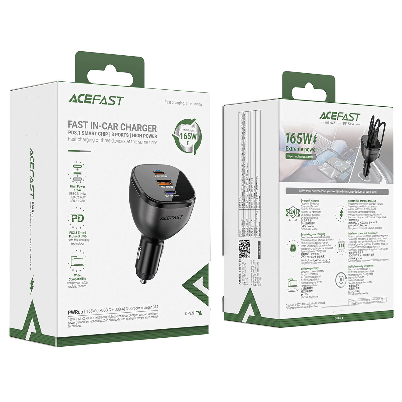 Acefast B14 Biloplader, 165W, 5A, 1 x USB-A - 2 x USB-C, Sort