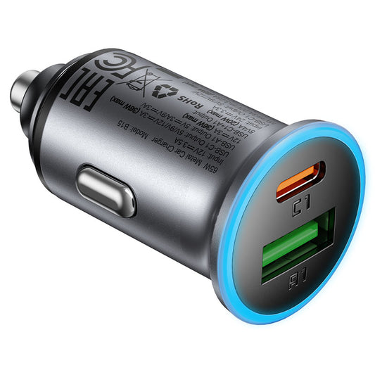 Biloplader Acefast B15, 65W, 3.25A, 1 X USB-A - 1 x USB-C, Grå