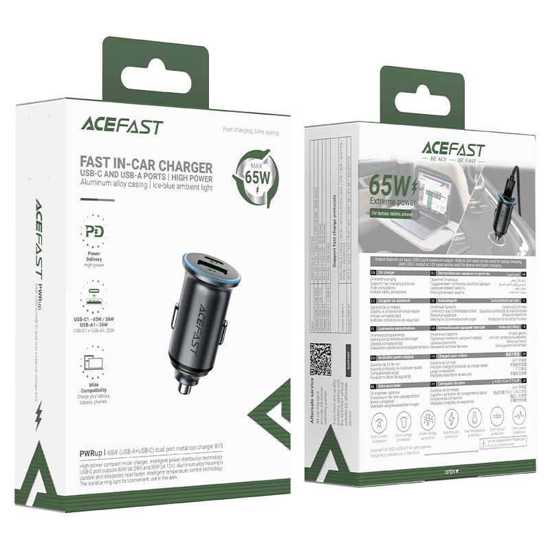 Biloplader Acefast B15, 65W, 3.25A, 1 X USB-A - 1 x USB-C, Grå