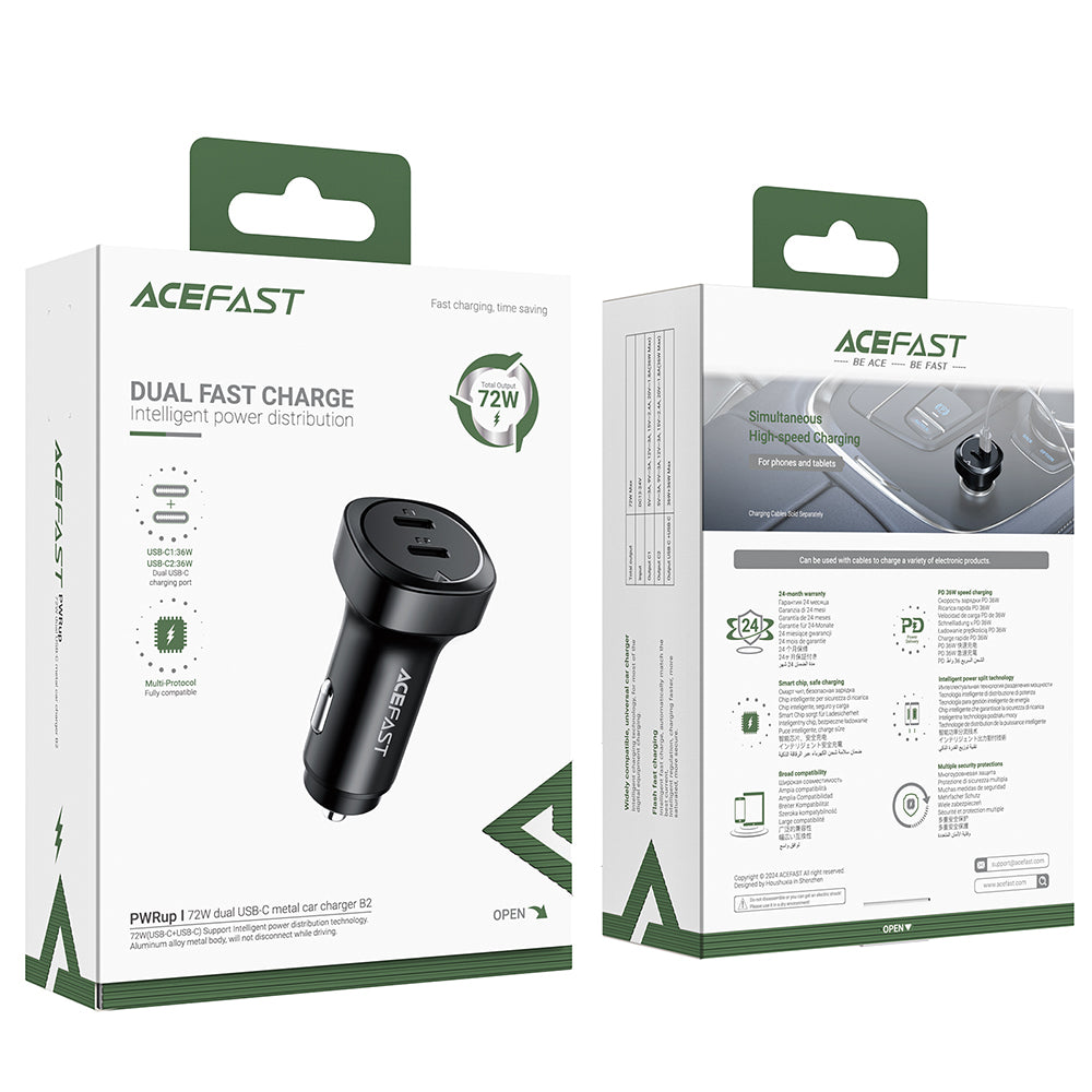 Biloplader Acefast B2, 72W, 3A, 2 x USB-C, Sort