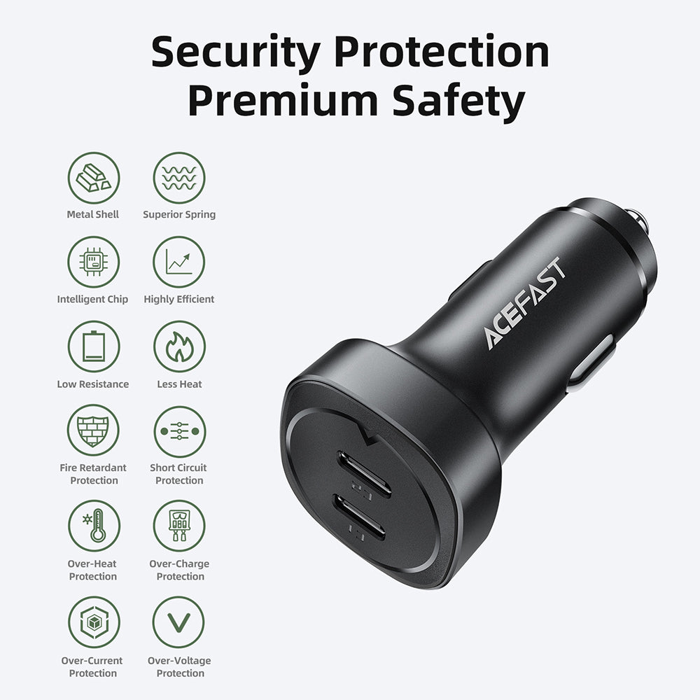 Biloplader Acefast B2, 72W, 3A, 2 x USB-C, Sort